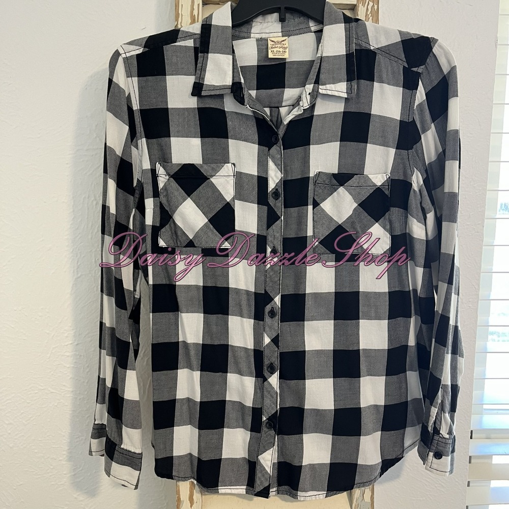 ✨Faded Glory Buffalo Check Flannel Shirt XL Black White Western Button Top✨